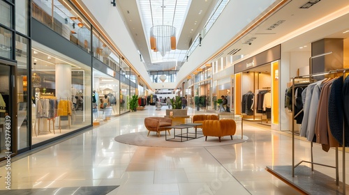 clothing boutique inside a bright shopping mall, featuring a spacious and sophisticated interior with a clear glass facade, retail store displaying a luxury collection of contemporary urban outfits