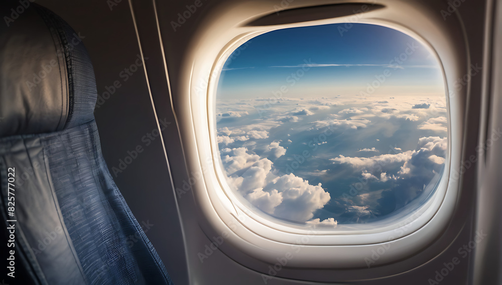 A portrait and close up image of an airplane window seat with sky view visible through the window, copy space
A portrait and close up image of an airplane window seat with sky view visible through the window, copy space