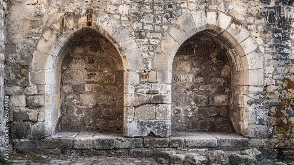 A vintage stone wall with arched doorways, reminiscent of medieval architecture.