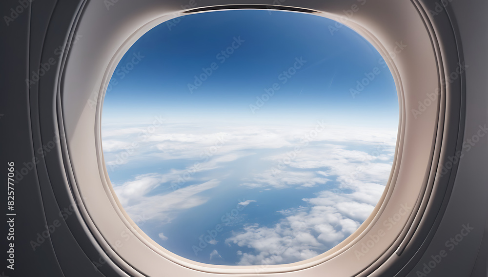 A portrait and close up image of an airplane window seat with sky view visible through the window, copy space
