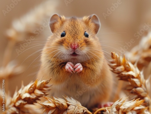A small brown hamster sitting in wheat.