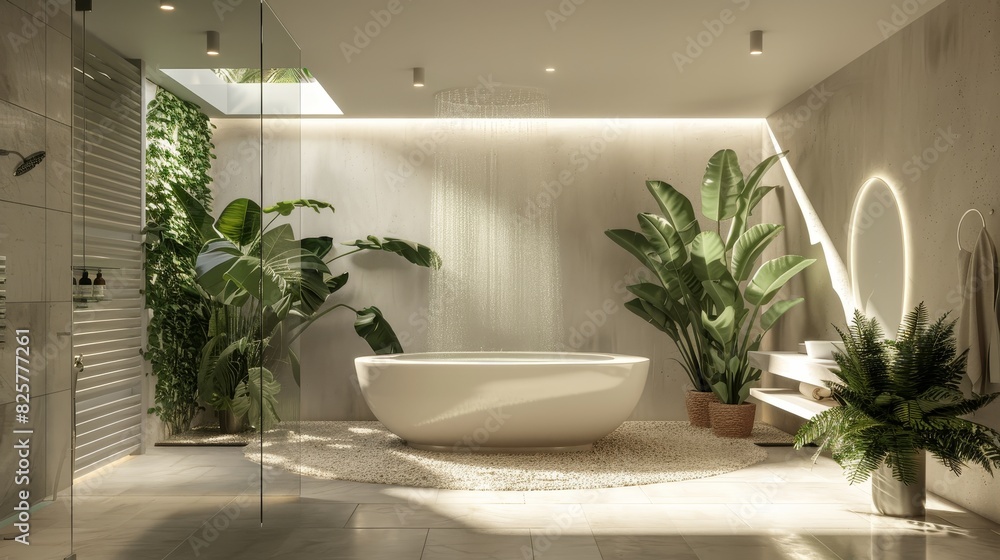 Chic bathroom design with freestanding tub, natural white and green tones, modern elegance, soft ambient light, indoor greenery, peaceful and stylish Chic bathroom design with freestanding tub, natural white and green tones, modern elegance, soft ambient light, indoor greenery, peaceful and stylish