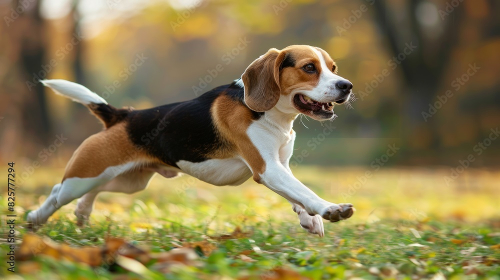A beagle running through the grass in the park. A beagle running through the grass in the park.