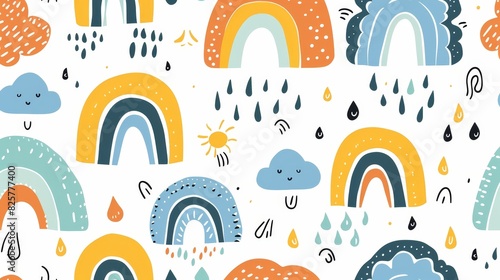 Charming kids' seamless pattern, hand-drawn rainbows in various colors, playful rain drops, sky-themed background