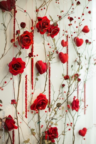 A charming backdrop featuring heart shaped roses and decorative red elements