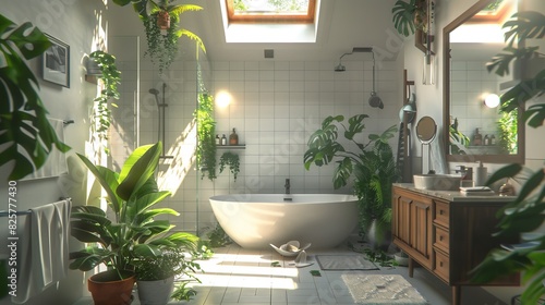 Bright bathroom featuring a plethora of green plants, sunlight streaming through skylights, tranquil and airy photo