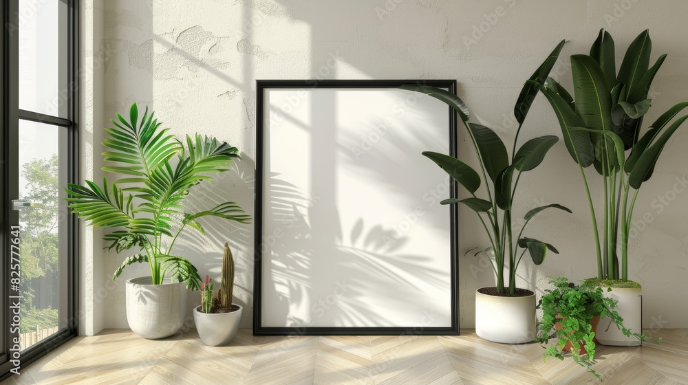 Blank frame on a light wooden floor, stylish plants in pots around, bright and airy space, neutral wall color Blank frame on a light wooden floor, stylish plants in pots around, bright and airy space, neutral wall color