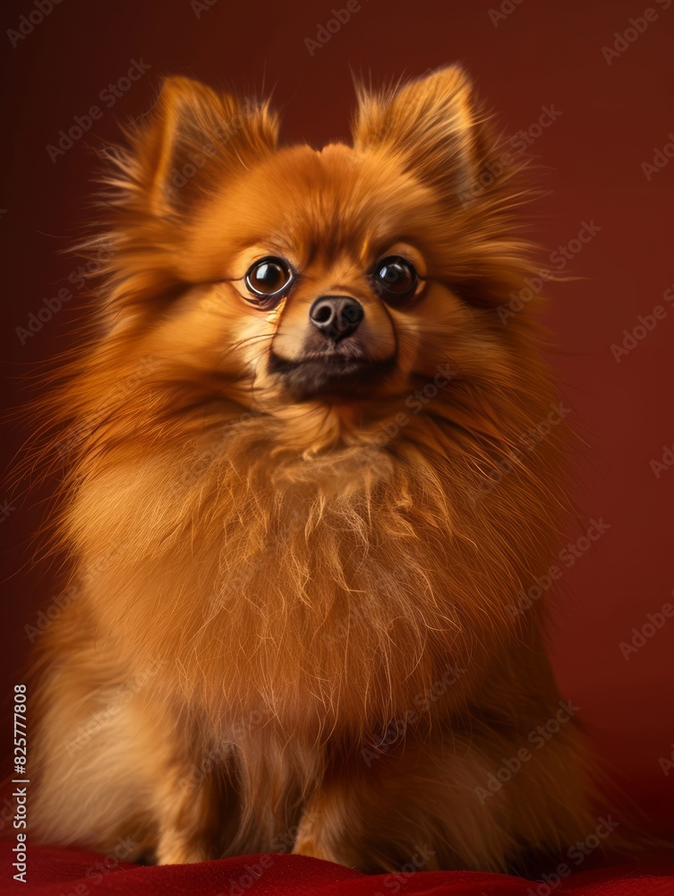 A small brown dog sitting on a red background.