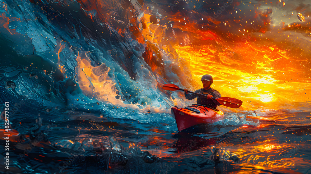 Fototapeta premium A man during a kayak slalom on a rushing river. Canoeing. Discipline of the Olympic Games