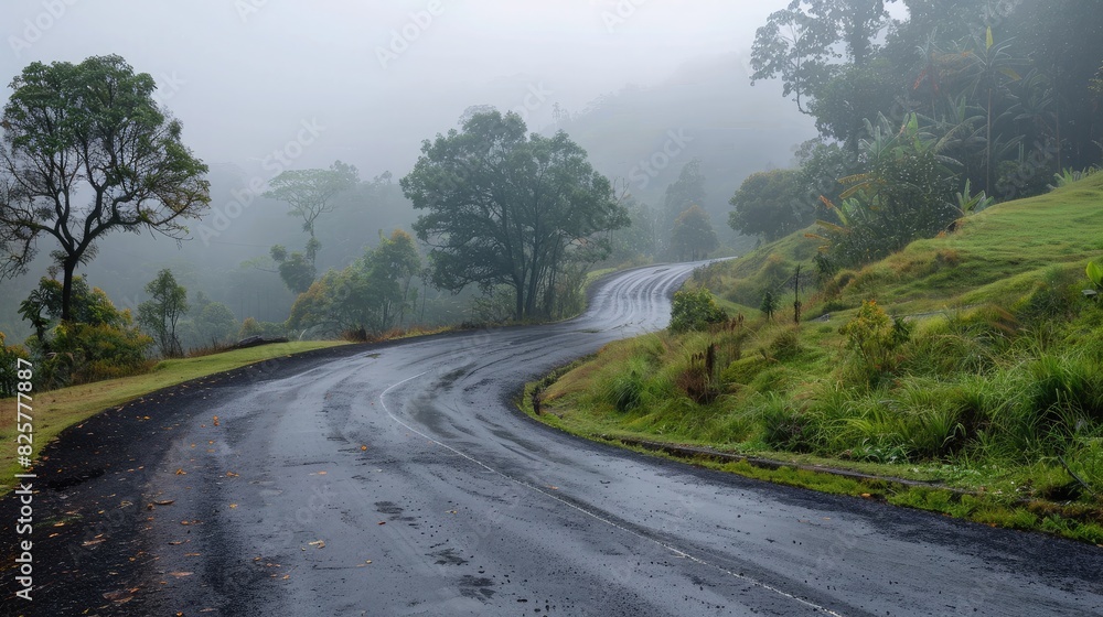 A winding road disappearing into misty rain, evoking a sense of mystery and adventure in the wet season.