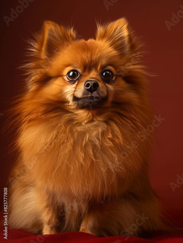 A small brown dog sitting on a red background. © VISUAL BACKGROUND