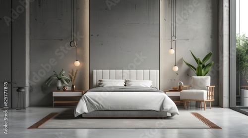 Depict the concept of minimalist luxury with a photo of a minimalist bedroom furnished with high-quality bedding  plush rugs  and minimalist lighting