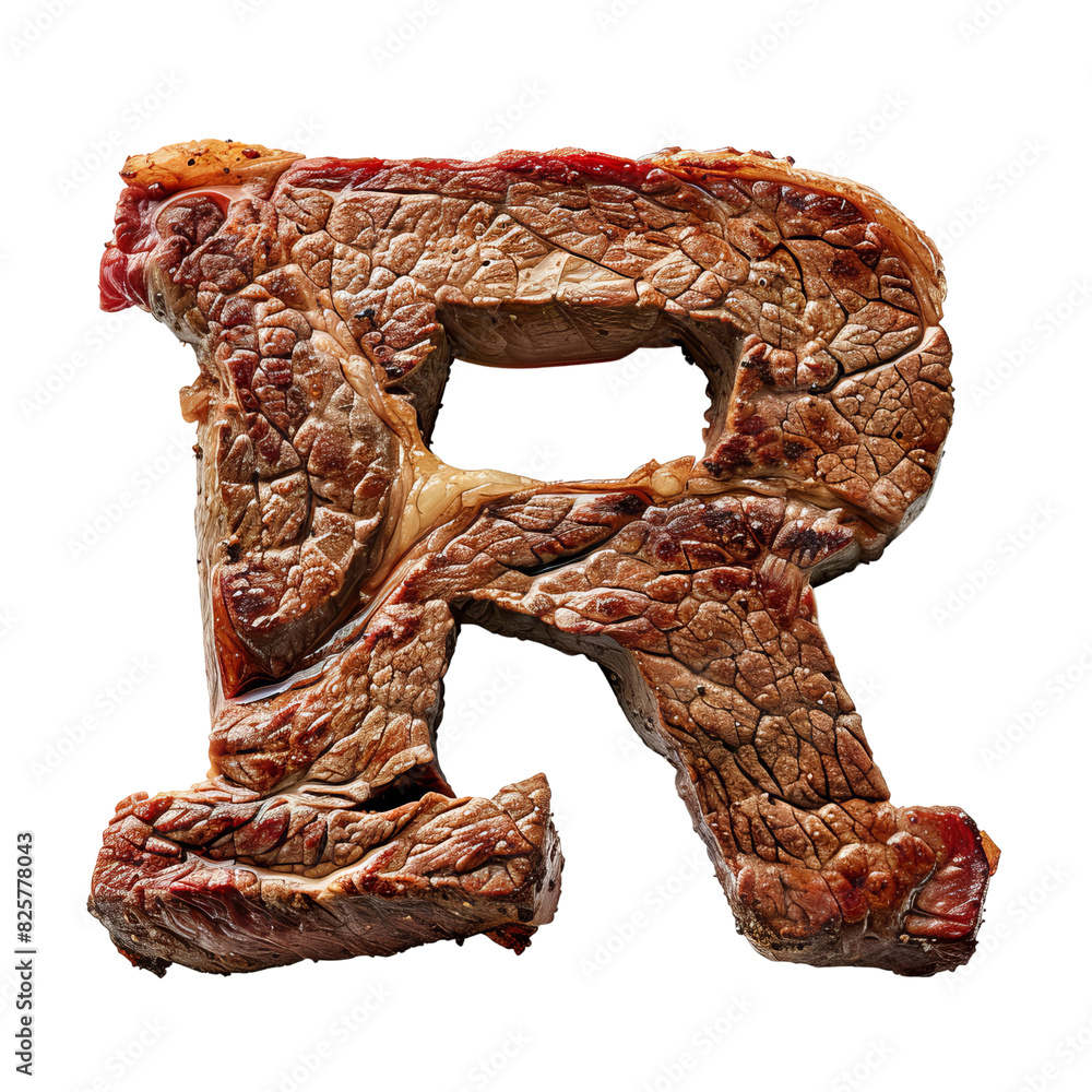 Fototapeta premium 3D rendering of letter R made from realistic, cooked meat texture, isolated on white background, culinary typography concept
