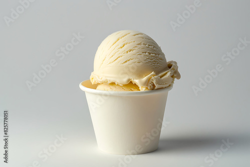 Maple flavor ice cream scoop on white blank empty paper cup