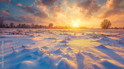 A wintry sunset casting a golden glow over snow-covered fields  marking the end of a cold winter s day.