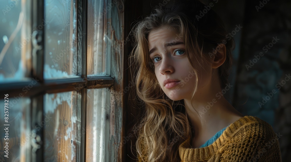 A woman standing by a window, staring out with a pensive expression, feeling the weight of sadness. A woman standing by a window, staring out with a pensive expression, feeling the weight of sadness.
