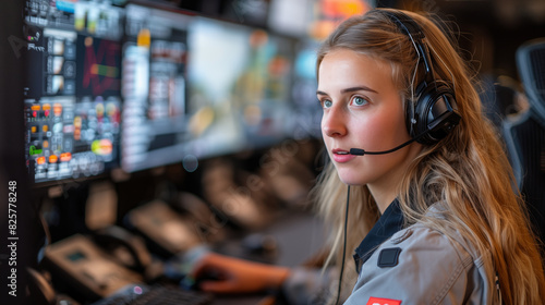 Female dispatcher wearing headset monitoring multiple screens in control room. Focused woman working on logistics and communication systems. Concept of technology and operations management.