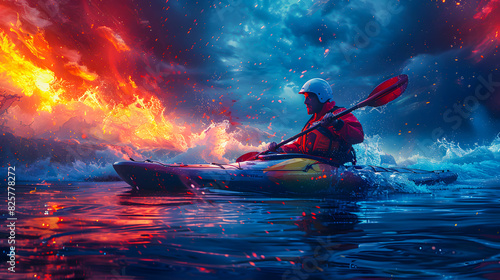 A man during a kayak slalom on a rushing river. Canoeing. Discipline of the Olympic Games photo