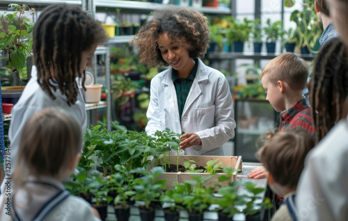 A female teacher in a white coat is teaching children about plants and nature inside the classroom