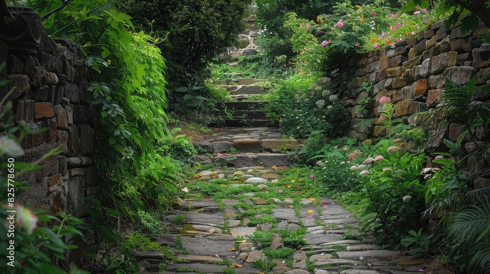 Obraz premium A worn and weathered cobblestone wall leading to a hidden garden, inviting exploration and discovery.