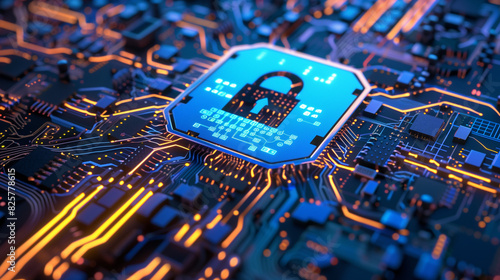 High-quality image representing EU cybersecurity directives, featuring a lock and stars symbol on a circuit board. The image illustrates the integration of EU cybersecurity regulations into digital 