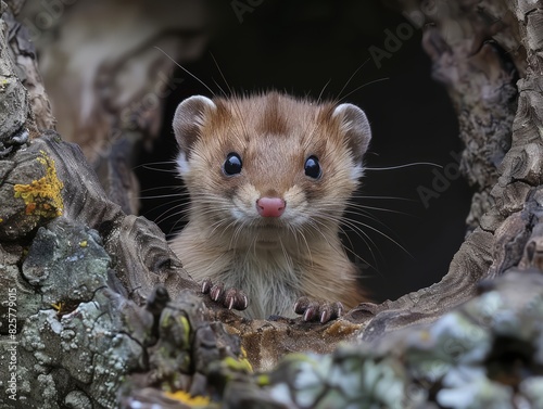 A small weasel peeking out of a hole in a tree. photo