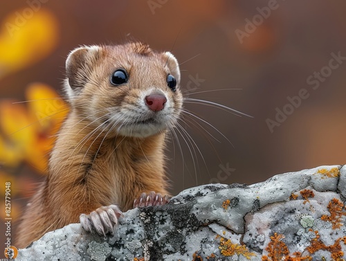 A small brown weasel is sitting on a rock. photo