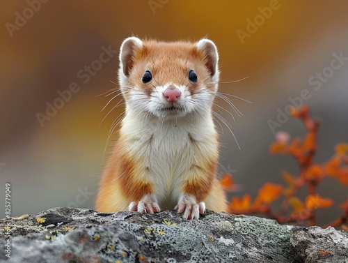A small weasel is sitting on top of a rock. photo