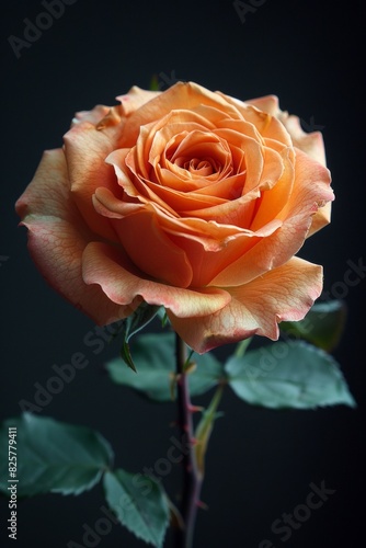 A single orange rose is shown against a black background.