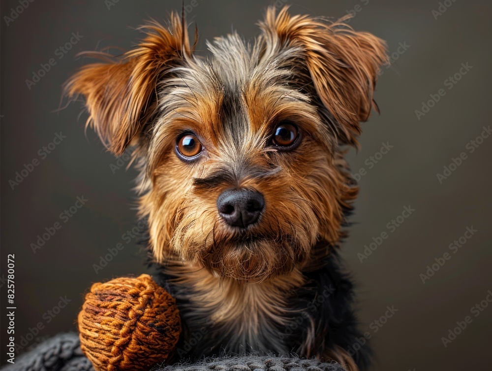 A small dog is sitting on a blanket with a ball of yarn. A small dog is sitting on a blanket with a ball of yarn.