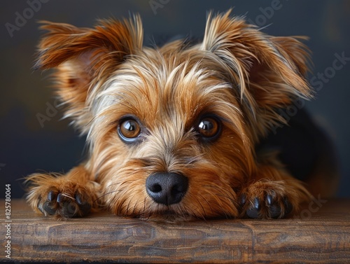 A small dog is sitting on top of a wooden table.