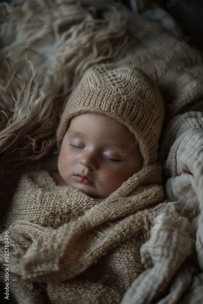 A baby sleeping in a knitted blanket. A baby sleeping in a knitted blanket.