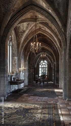 Spacious room highlighted by a vibrant stained glass window and a statement chandelier. Opulent  historical-inspired interior