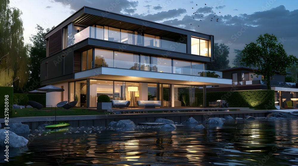 3d rendering of modern house by the river at evening 3d rendering of modern house by the river at evening