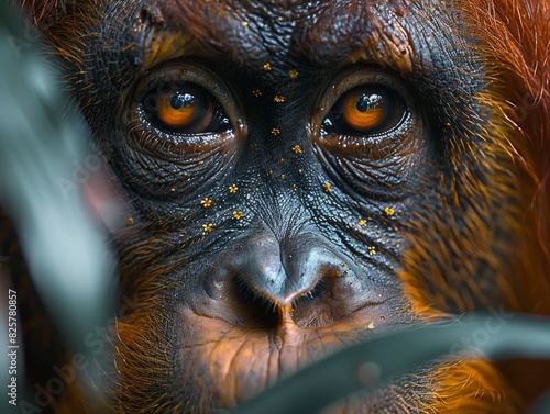 A close up of an orangutan's face. photo