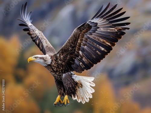 A large eagle is flying over a mountain. photo