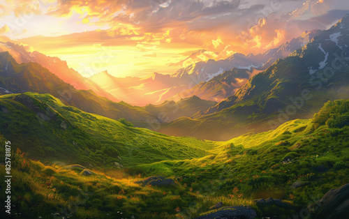Sunset in the mountains, beautiful sunset view. Created with Ai