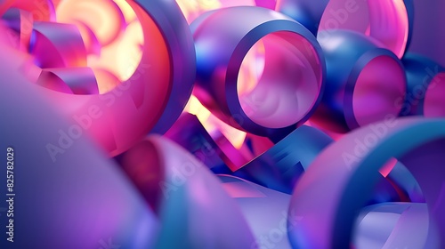 3D rendering of a bunch of glossy tubes with a bright gradient color. The tubes are arranged in a random order and have different sizes.