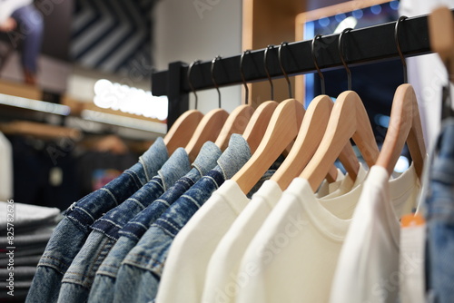 Jeans on the hanger in the store. Clothes on hangers in shop for sale. Blur background. Fashionable clothes in a boutique. Various clothing on market. Shopping in store.	
