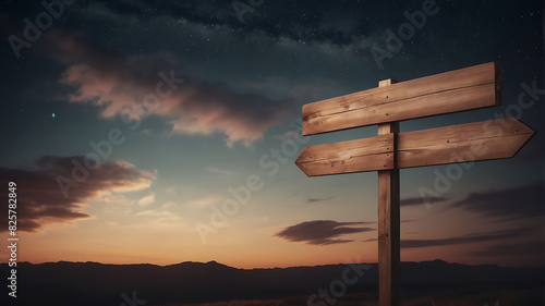 a close up of a Wooden blank crossroad signpost mockup against in a night sky with copy space 