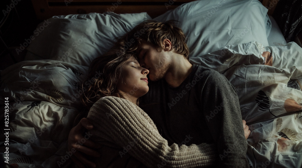 Fototapeta premium A young couple, a man and a woman, are lying in bed and hugging. Couple in love.