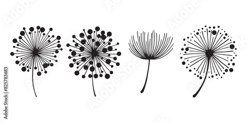 Dandelion flower silhouettes. Spring season blooming blowball flowers doodles vector illustration. Dandelion fluffy nature silhouette