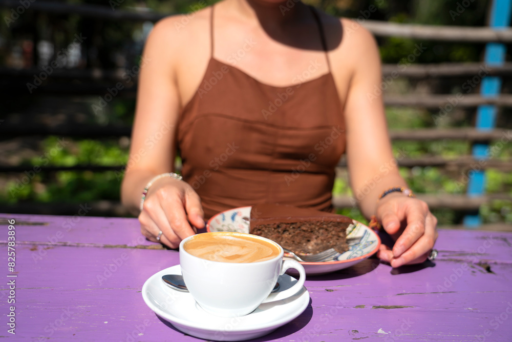 A girl with a cup of cappuccino with coconut milk and a chocolate raw food, vegetarian cake. A girl with a cup of cappuccino with coconut milk and a chocolate raw food, vegetarian cake.