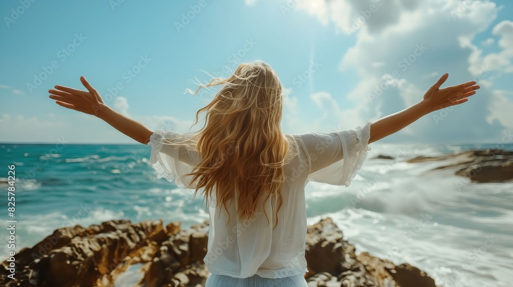 Woman with arms outstretched on the beach. Woman with arms outstretched on the beach.