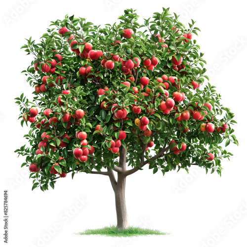 Apple tree isolated on transparent background, Red ripe fruits and green foliage, PNG