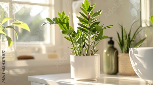 ZZ or zamia plant in a white pot on a bathroom counter photo