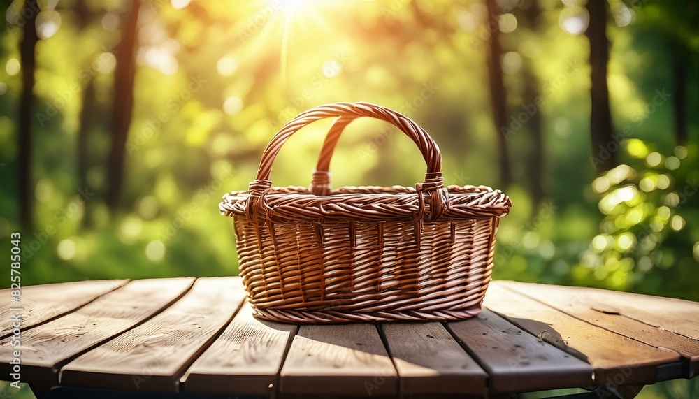picnic basket on the grass A dark wooden table with a wicker basket ready for a sunny holiday camping adventure, lush greenery and vibrant sunlight, picnic basket on the grass A dark wooden table with a wicker basket ready for a sunny holiday camping adventure, lush greenery and vibrant sunlight,
