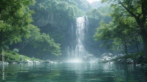 Beautiful calm river waves under the mountain waterfall