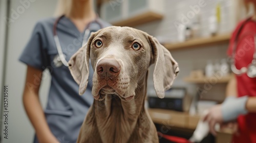 Veterinarian assisting colleague while examining weimaraner dog