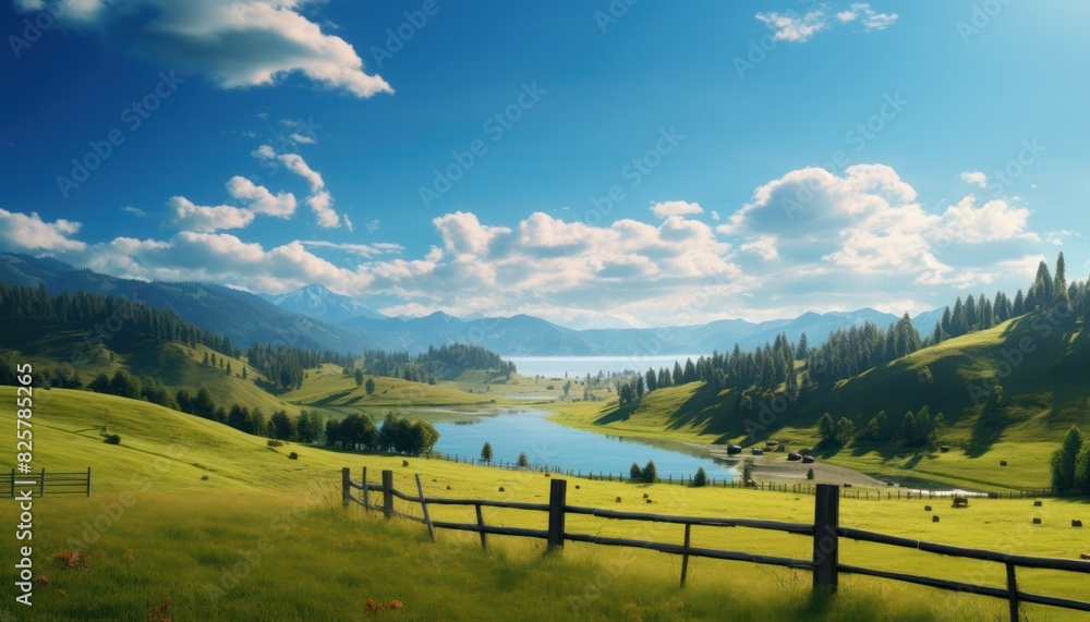 Fototapeta premium A stunning spring day landscaping views of fertile land surrounded beautiful green vegetation, wide stretches of hills and mountains with clear skies in spring